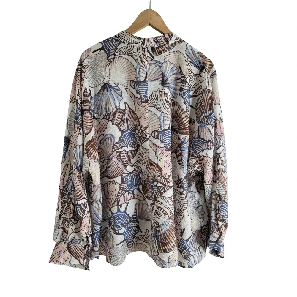 Vince Camuto Coastal Seashell Print Tie Front Blouse Blue Brown Beachy Boho 3X
